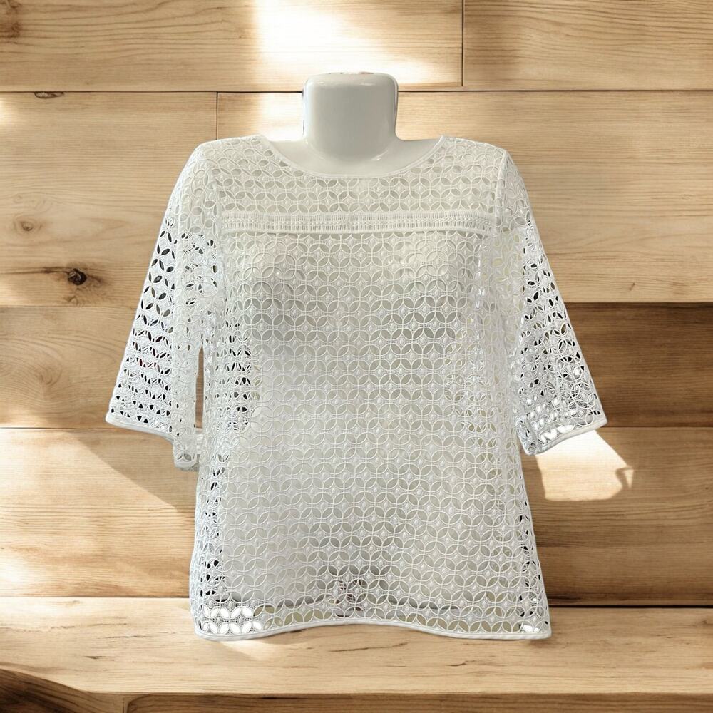 Loft Women's White Crochet Open Knit Elbow Feminine Elegance Overlay Top SZ XS